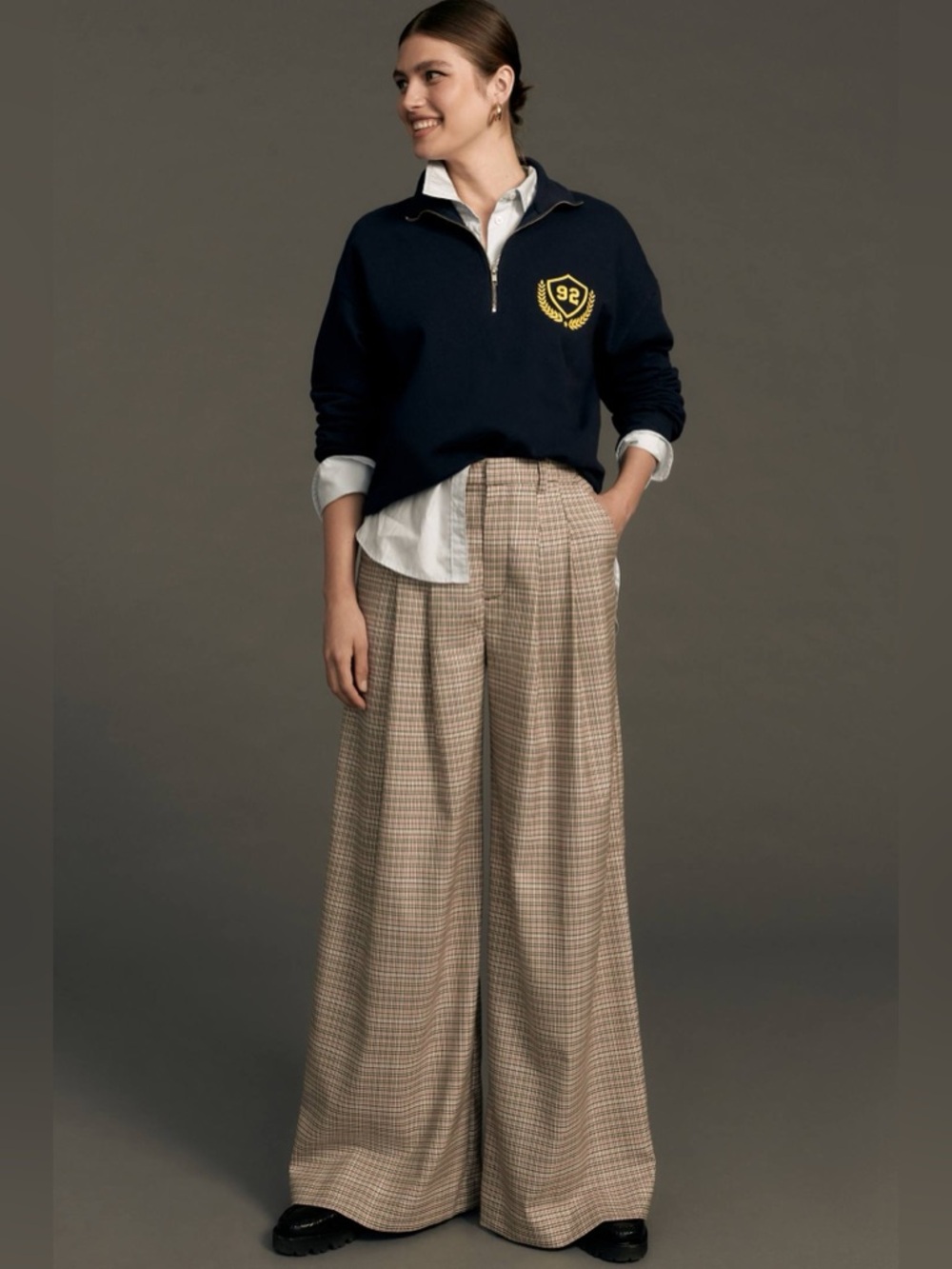 Maeve The Avery Pleated Wide-Leg Trousers Plaid in Ivory Combo - Size 8
